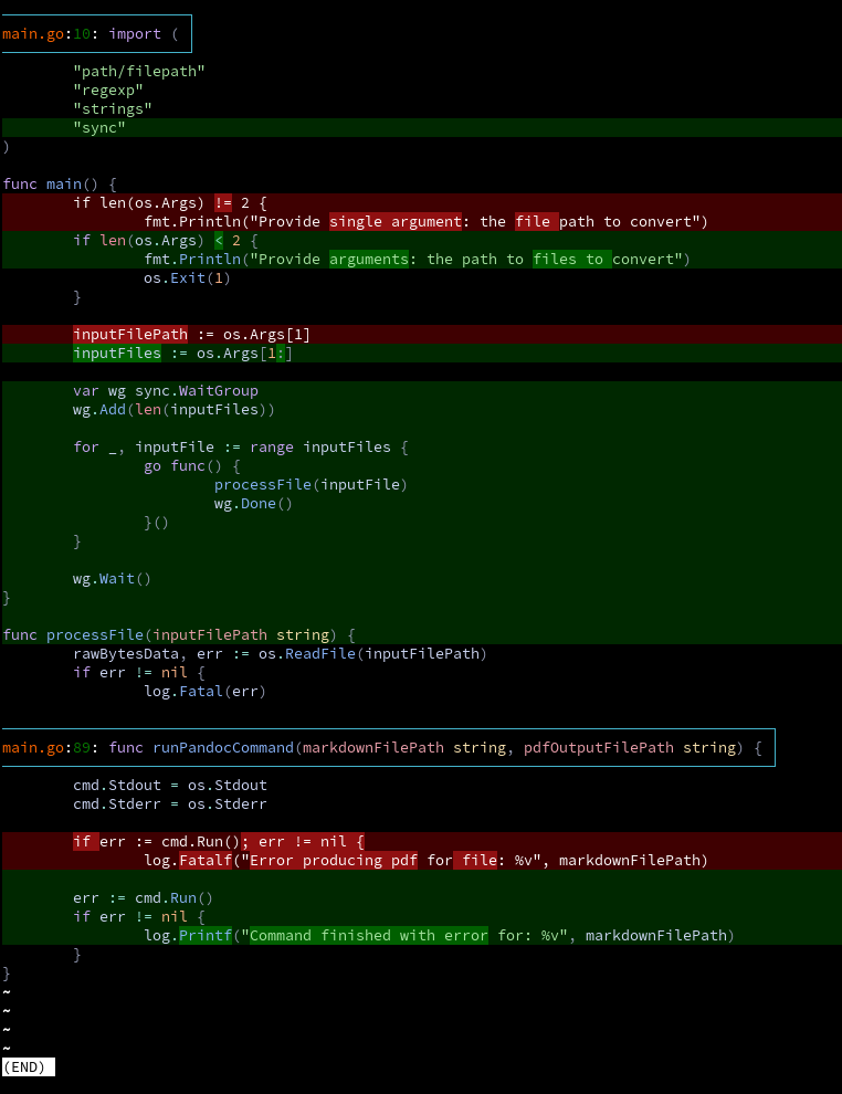 Diff in Delta showing differences from previous sequential code to code using Go routines